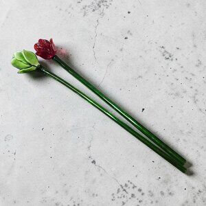 Pair of Hand-Blown Art Glass Flowers – 14" Long Stem Red Tulip & Green Bud